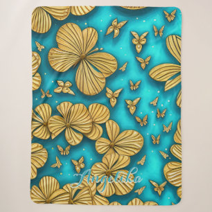 Cobertor Sherpa Flores Teal e Dourado Nome Personalizado