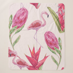 Cobertor Sherpa Flores tropicais cor-de-rosa, proteína, ave do pa