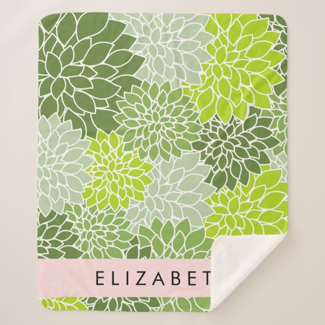 Cobertor Sherpa Flores Verdes Dahlia, Padrão Floral, Seu Nome (Frente)