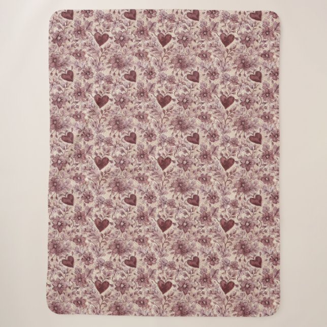 Cobertor Sherpa Flores Vermelhas Burgundy Corações Creme (Frente)