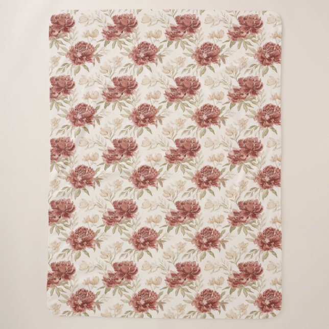 Cobertor Sherpa Flores Vermelhas Creme (Frente)