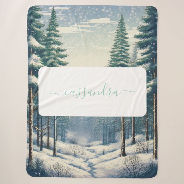 Cobertor Sherpa Floresta de inverno personalizável com nome (Frente)