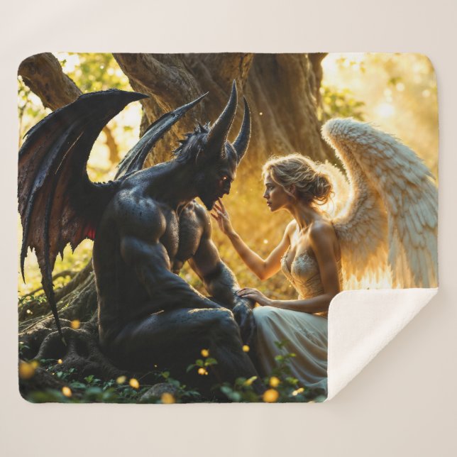 Cobertor Sherpa Floresta mística de demônio branco preto (Frente (Horizontal))