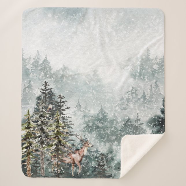 Cobertor Sherpa Foggy Mountain Snowy Winter Woodland Deer (Frente)