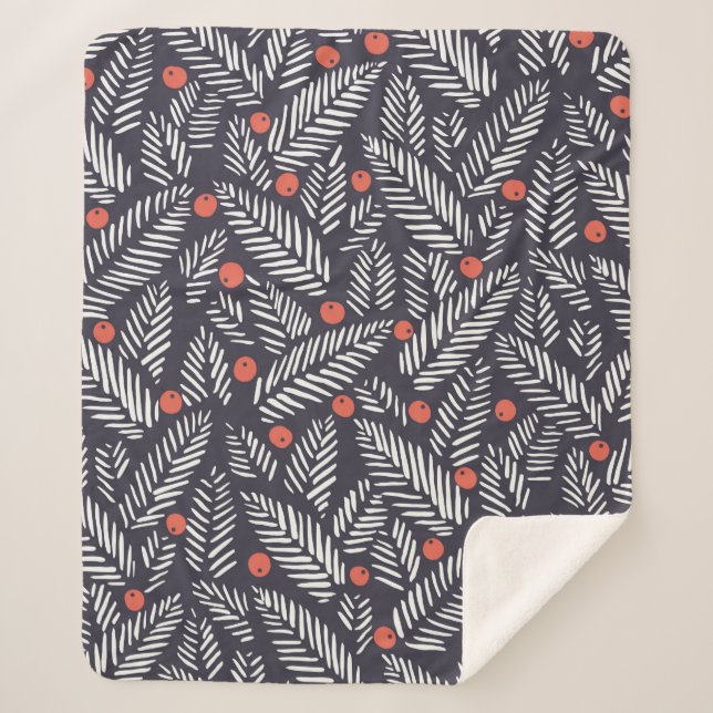 Cobertor Sherpa Folhagem de Natal desenhada pela mão, santo vermel (Frente)