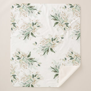 Cobertor Sherpa Folhagem Verde Dourada Elegante Romântica Branca