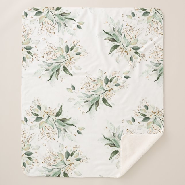Cobertor Sherpa Folhagem Verde Dourada Elegante Romântica Branca (Frente)