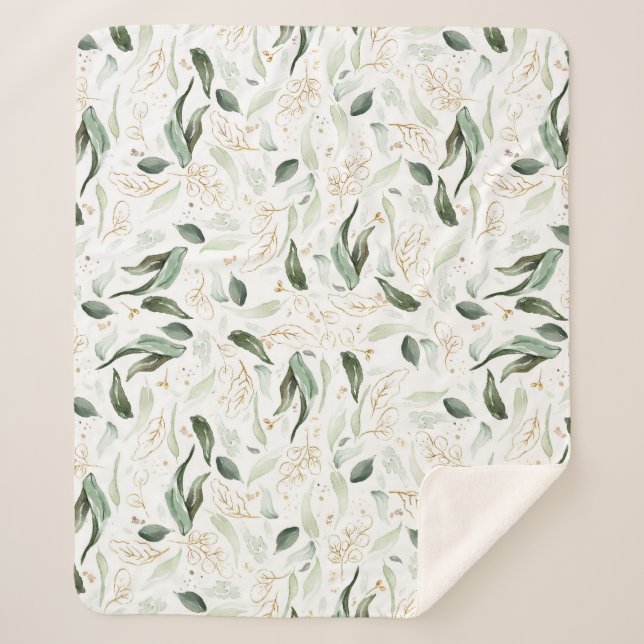 Cobertor Sherpa Folhagem Verde Dourada Romântica Branca Elegante (Frente)