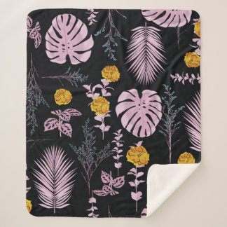 Cobertor Sherpa Folhas de decoração botânica escura e maruca de fl