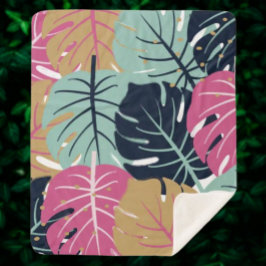 Cobertor Sherpa Folhas de Palmeira Tropicais em Rosa e Azul | Acon