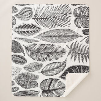 Cobertor Sherpa Folhas exóticas, preto e branco floral vintage.