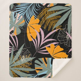 Cobertor Sherpa Folhas Tropicais: Impressão de Vintage Escuro.