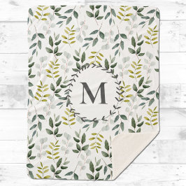 Cobertor Sherpa Folhas Verdes Monogramadas com Padrão de Aquarela