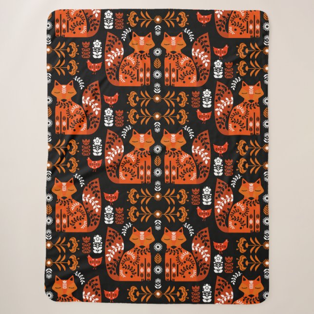 Cobertor Sherpa Folk Art Fox E Hen (Frente)