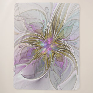 Cobertor Sherpa Fractal Abstrato Colorida Floral, Rosa E Dourada