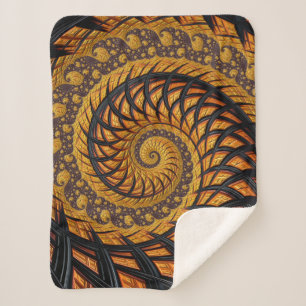 Cobertor Sherpa Fractal Espiral abstrato preto e Dourado