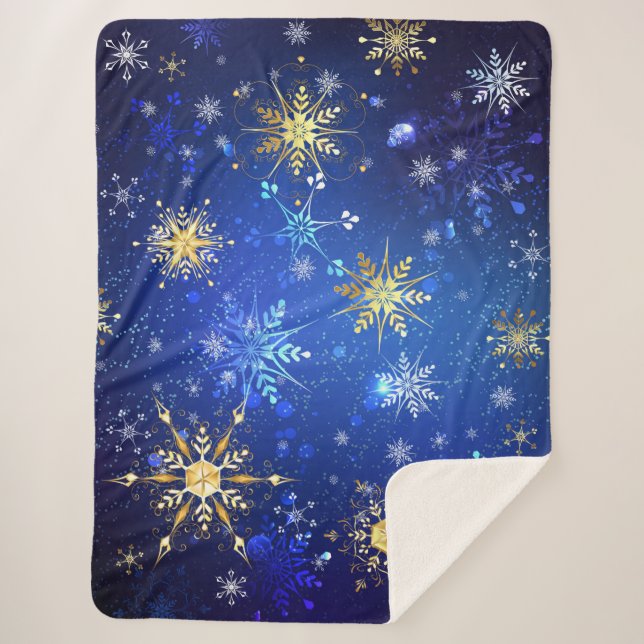 Cobertor Sherpa Fundo Azul XMAS com Flocos de Neve Ouro (Frente)