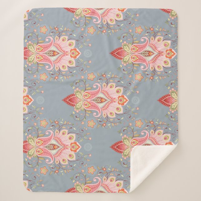 Cobertor Sherpa Fundo da Pena de Peacock Oriental Paisley (Frente)