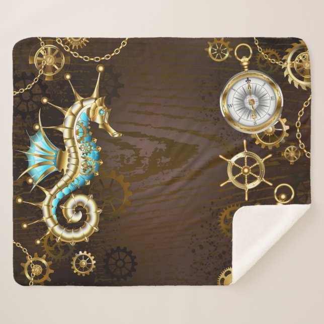 Cobertor Sherpa Fundo de madeira com cavalo de mar mecânico (Frente (Horizontal))