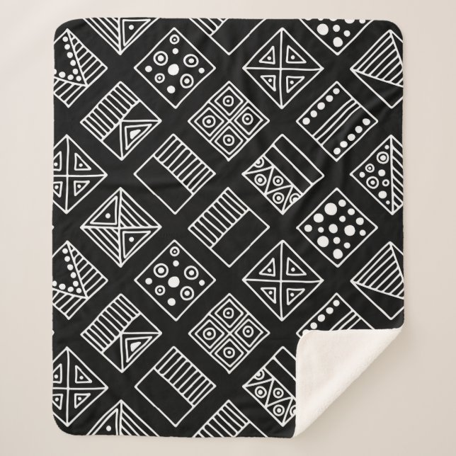 Cobertor Sherpa Fundo geométrico em preto e branco, com a mão d (Frente)