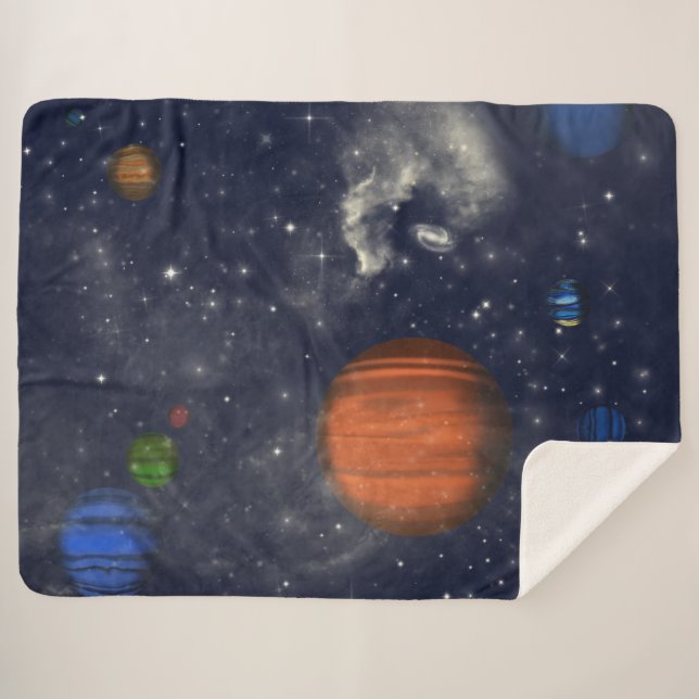 Cobertor Sherpa Galáxias com estrelas e planetas no espaço (Frente (Horizontal))