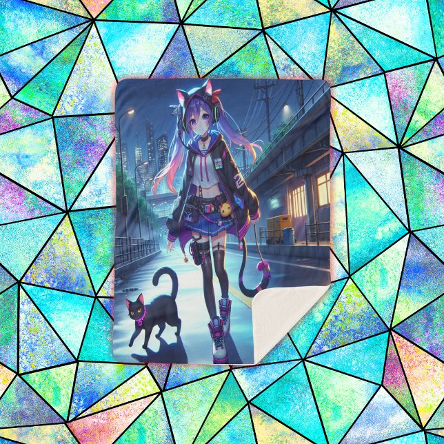 Cobertor Sherpa Gamer Girl & Cat de Animação Bonita | Grande (Criador carregado)
