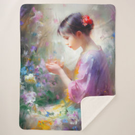 Cobertor Sherpa Garota admirando uma flor em suas mãos