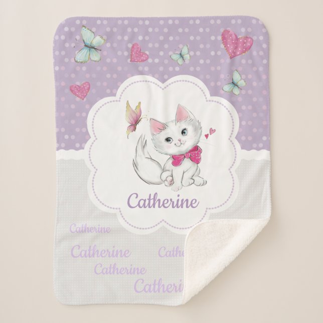 Cobertor Sherpa Gatinho branco e bonito com borboleta no pastel (Frente)