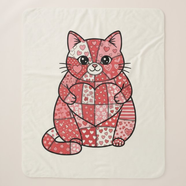 Cobertor Sherpa Gatinho Caprichoso de Patchwork Segurando Coração  (Frente)