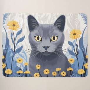 Cobertor Sherpa Gato Azul Russo Flores Amarelas