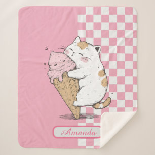 Cobertor Sherpa Gato bonito com Cone Sorvete