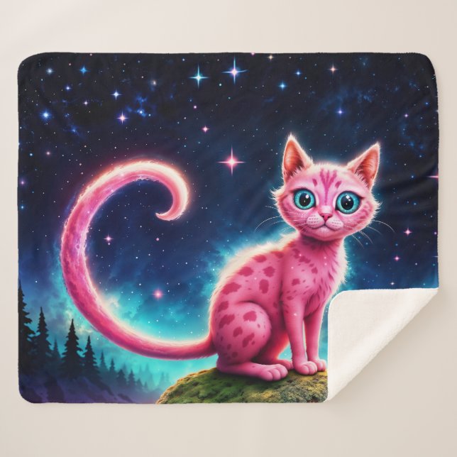 Cobertor Sherpa Gato brilhante, longa cauda, arte de olhos azuis (Frente (Horizontal))