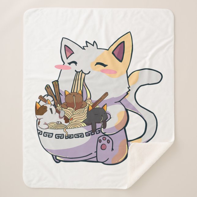 Cobertor Sherpa Gato De Neko Cinto Com Ramen Noodles Anime Japão (Frente)