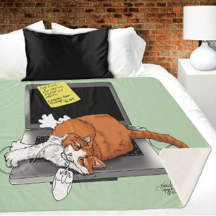 Cobertor Sherpa Gato Laranja Engraçado Notebook Verde Trabalho Cas
