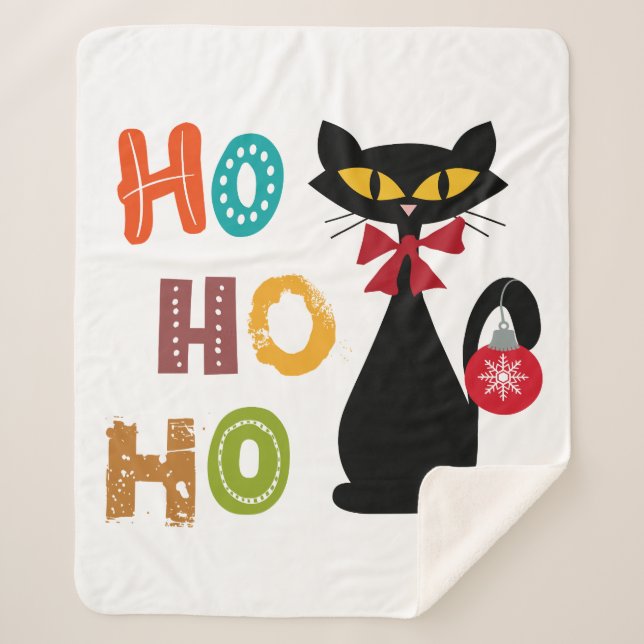 Cobertor Sherpa Gato negro com design de texto Ho Ho Ho (Frente)