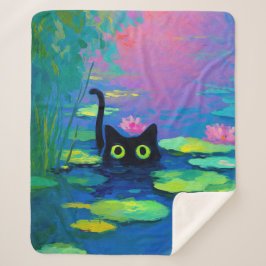 Cobertor Sherpa Gato Negro Engraçado Nadando Pond | Quirky Art