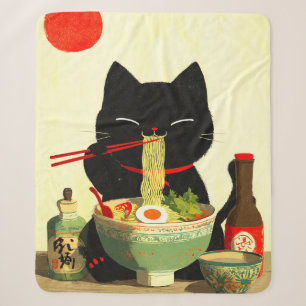 Cobertor Sherpa Gato Preto Feliz Comendo Ramen Ukiyo-e Japonês