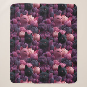 Cobertor Sherpa Gato Preto Surreal e Padrão Floral Peônia Rosa