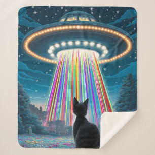 Cobertor Sherpa Gato Psicodélico e OVNI   Arte Engraçada De Abduçã