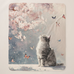 Cobertor Sherpa Gato Tabby Cinza - Flores de Cerejeira & Borboleta