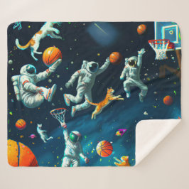 Cobertor Sherpa Gatos Jogando Basquete no Espaço com Astronautas