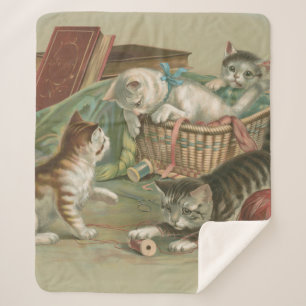 Cobertor Sherpa Gatos Vitorianos Antigos Brincando na Cesta de Cos