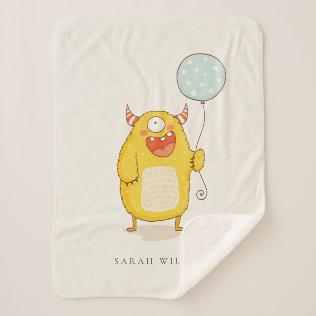 Cobertor Sherpa Gelado Aqua Amarelo Amarelo Pequeno e Feliz Monstr (Frente)