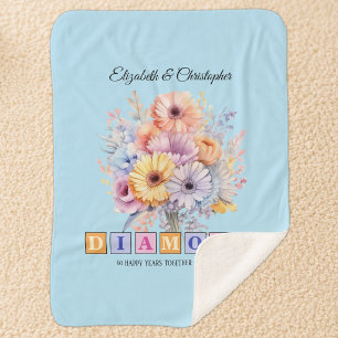 Cobertor Sherpa gerbera flores azul aniversário de diamante 60º