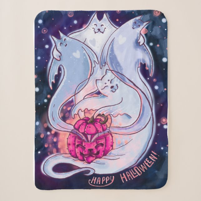Cobertor Sherpa Ghost Cats Pumpkin Blanket (Frente)