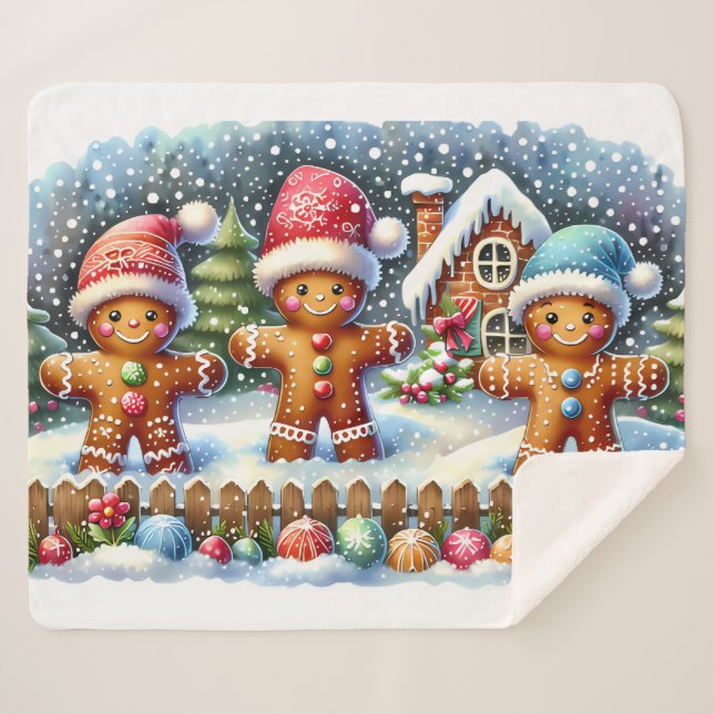 Cobertor Sherpa Gingerbread Family Snowy Christmas Scene (Frente (Horizontal))