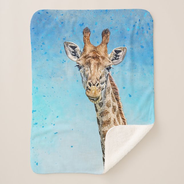 Cobertor Sherpa Girafa Curiosa com Céu Azul Confetti (Frente)