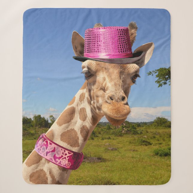 Cobertor Sherpa Girafa de chapéu cor-de-rosa brilhante (Frente)