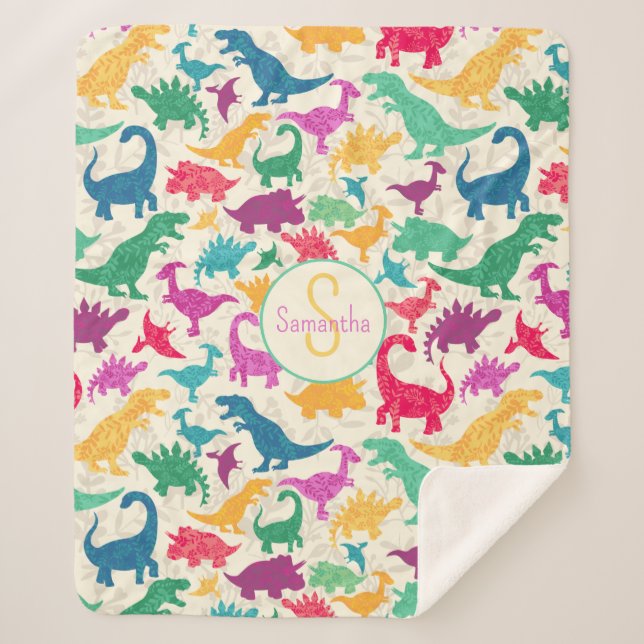 Cobertor Sherpa Girls Silhouette do Dinossauro Girly Floral (Frente)