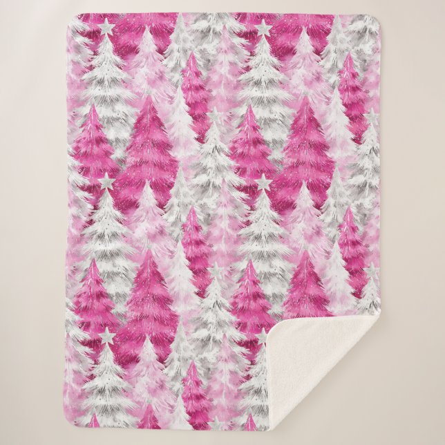 Cobertor Sherpa Girly Pink Silver Glam Christmas Trees Stripes (Frente)